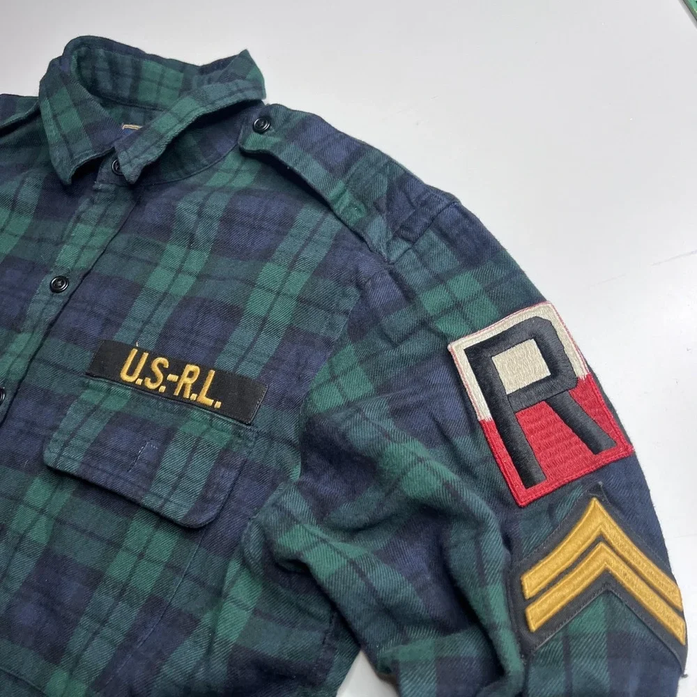 Polo Ralph Lauren Shirt Mens M Green Plaid Flannel Long Sleeve Military Patches